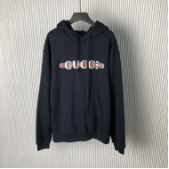 Gucci Printed cotton jersey hooded sweatshirt Navy