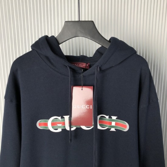 Gucci Printed cotton jersey hooded sweatshirt Navy