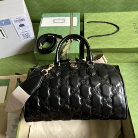 Gucci GG matelassé leather top handle bag black ‎702242