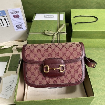 Gucci Horsebit 1955 small bag burgundy GG canvas