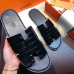 Hermes Men Izmir Sandals in Crocodile Skin Black