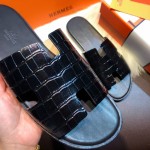 Hermes Men Izmir Sandals in Crocodile Skin Black