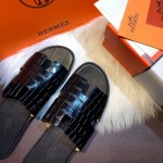 Hermes Men Izmir Sandals in Crocodile Skin Black