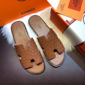 Hermes Men Izmir Sandals in Ostrich Skin Tan