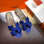 Hermes Women Oran Sandals in Epsom Leather Electric Blue