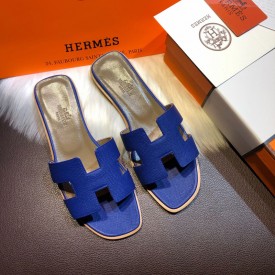 Hermes Women Oran Sandals in Epsom Leather Electric Blue