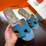 Hermes Women Oran Sandals in Epsom Leather Blue Jean