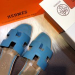 Hermes Women Oran Sandals in Epsom Leather Blue Jean