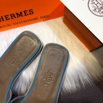 Hermes Women Oran Sandals in Epsom Leather Blue Jean