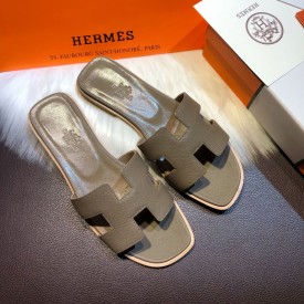 Hermes Women Oran Sandals in Epsom Leather Dark Grey