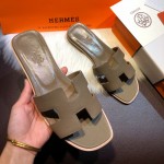 Hermes Women Oran Sandals in Epsom Leather Dark Grey