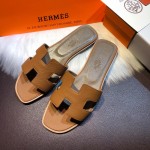 Hermes Women Oran Sandals in Epsom Leather Tan