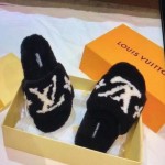 LV Fur Blended Fabrics Plain Mules Shearling Logo Slides Black