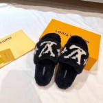 LV Fur Blended Fabrics Plain Mules Shearling Logo Slides Black