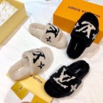 LV Fur Blended Fabrics Plain Mules Shearling Logo Slides White