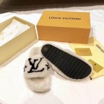 LV Fur Blended Fabrics Plain Mules Shearling Logo Slides White