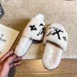 LV Fur Blended Fabrics Plain Mules Shearling Logo Slides White