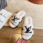 LV Fur Blended Fabrics Plain Mules Shearling Logo Slides White