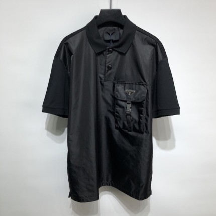 Prada Short-sleeved pocket cotton polo shirt Black