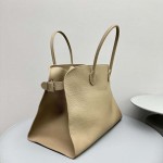 The Row Soft Margaux 17 Bag in Taupe Grained Leather