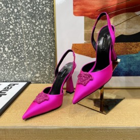 Versace Crystal La Medusa Satin Sling-Back Pumps Fuchsia