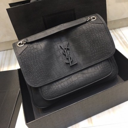 YSL Monogramme Medium Croc Niki Bag Black