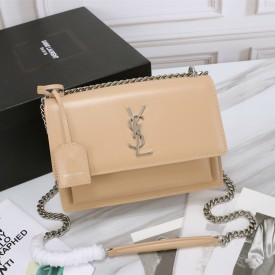 YSL Sunset Chain Leather Bag Beige with Silver