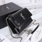 YSL Sunset Chain Leather Bag Black with Silver