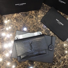 YSL Sunset Chain Croc Bag Black with Black