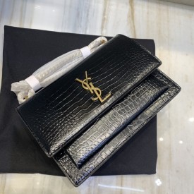 YSL Sunset Chain Croc Bag Black with Gold