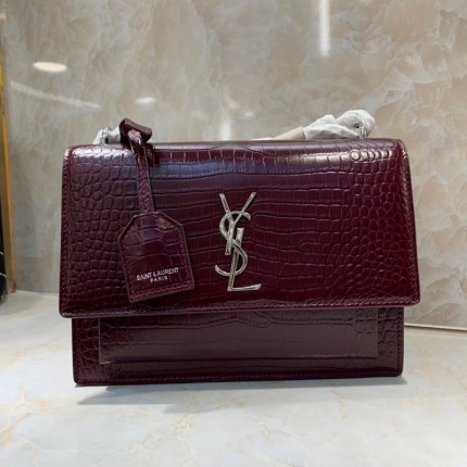 YSL Sunset Chain Croc Bag Burgundy