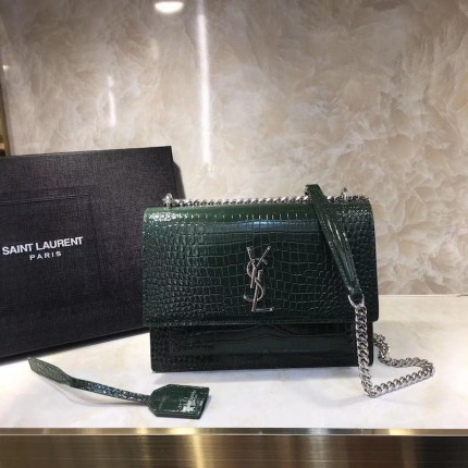 YSL Sunset Chain Croc Bag Green