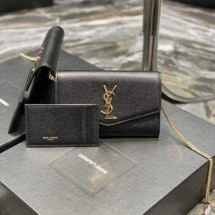 Saint Laurent uptown chain wallet in grain de poudre embossed leather black