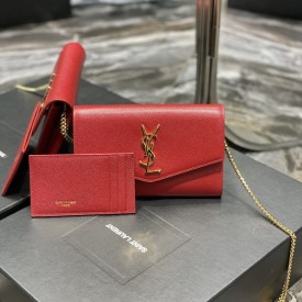 Saint Laurent uptown chain wallet in grain de poudre embossed leather red