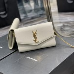 Saint Laurent uptown chain wallet in grain de poudre embossed leather white