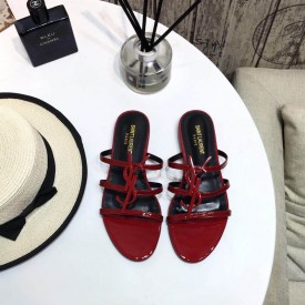 YSL Cassandra Flat Sandals in Patent Leather Red