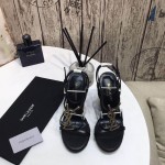 YSL Cassandra Wedge Espadrilles with Black Logo in Leather Black