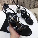 YSL Cassandra Wedge Espadrilles with Black Logo in Leather Black