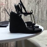 YSL Cassandra Wedge Espadrilles with Black Logo in Leather Black