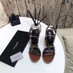 YSL Cassandra Wedge Espadrilles with Gold Logo in Leather Brown