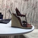 YSL Cassandra Wedge Espadrilles with Gold Logo in Leather Brown