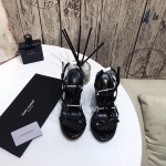 YSL Cassandra Wedge Espadrilles with Black Logo in Patent Leather Black