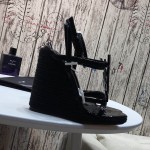 YSL Cassandra Wedge Espadrilles with Black Logo in Patent Leather Black