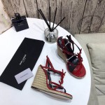 YSL Cassandra Wedge Espadrilles with Black Logo in Patent Leather Red