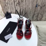 YSL Cassandra Wedge Espadrilles with Black Logo in Patent Leather Red