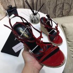 YSL Cassandra Wedge Espadrilles with Black Logo in Patent Leather Red