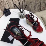 YSL Cassandra Wedge Espadrilles with Black Logo in Patent Leather Red