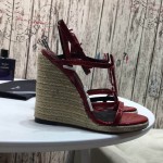 YSL Cassandra Wedge Espadrilles with Black Logo in Patent Leather Red