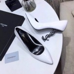 YSL opyum pump in patent leather with black heel white